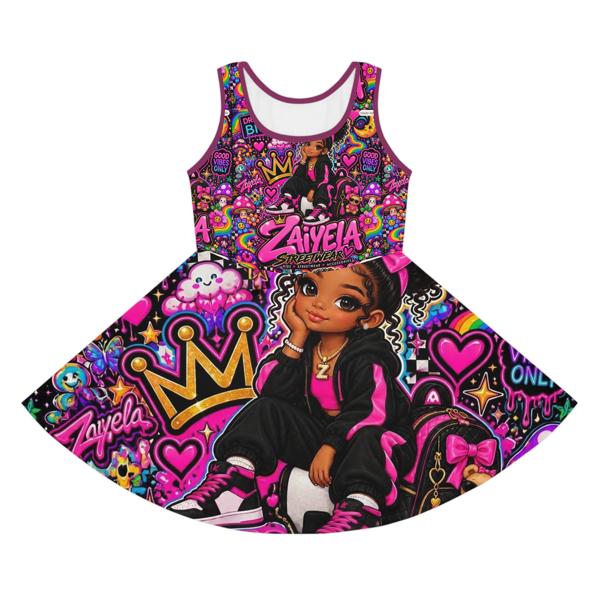 Girls' Personalized Name Sundress — Bright Pink Pop Art "Zaiyeia" All-Over Print