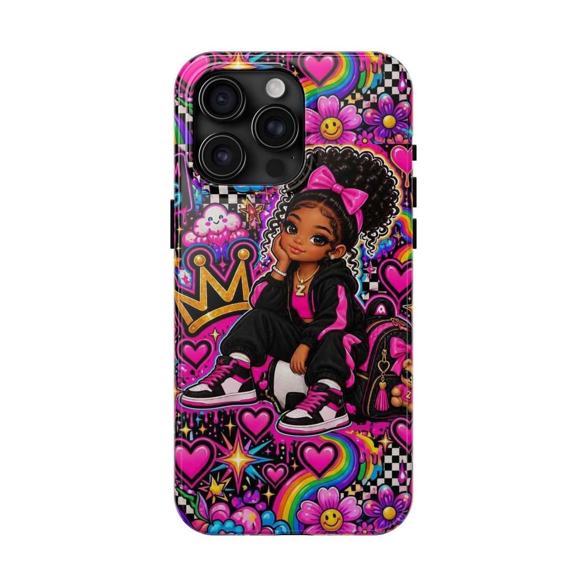 Cute Black Girl Phone Case Pink Crowned Girl, Hearts & Rainbow Tough Case