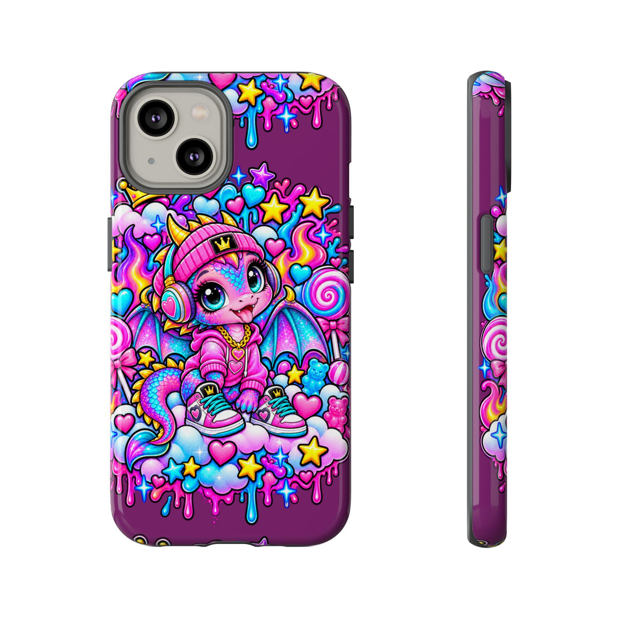 Cute Dragon Phone Case Purple Heart Crown Design