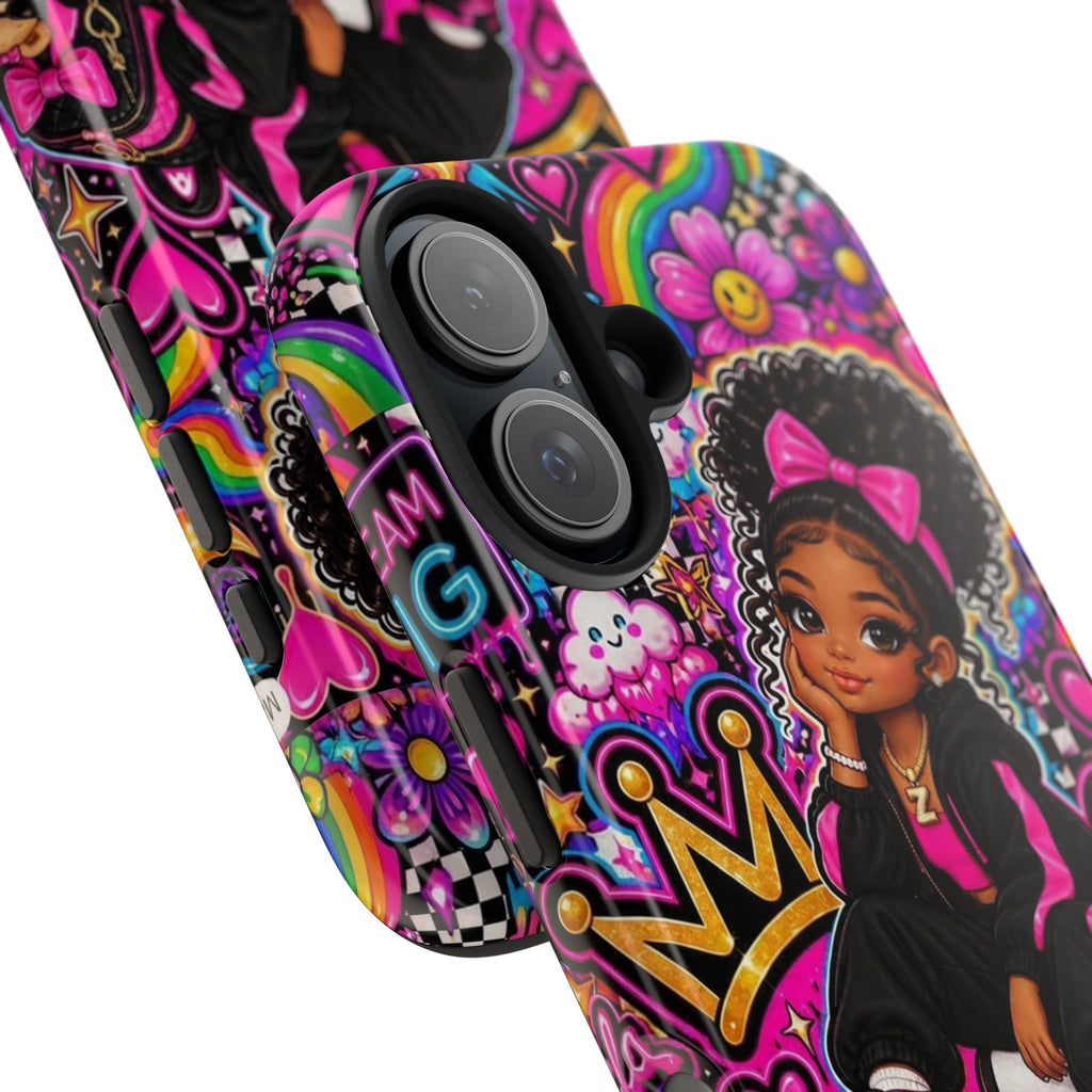 Cute Black Girl Phone Case Pink Crowned Girl, Hearts & Rainbow Tough Case