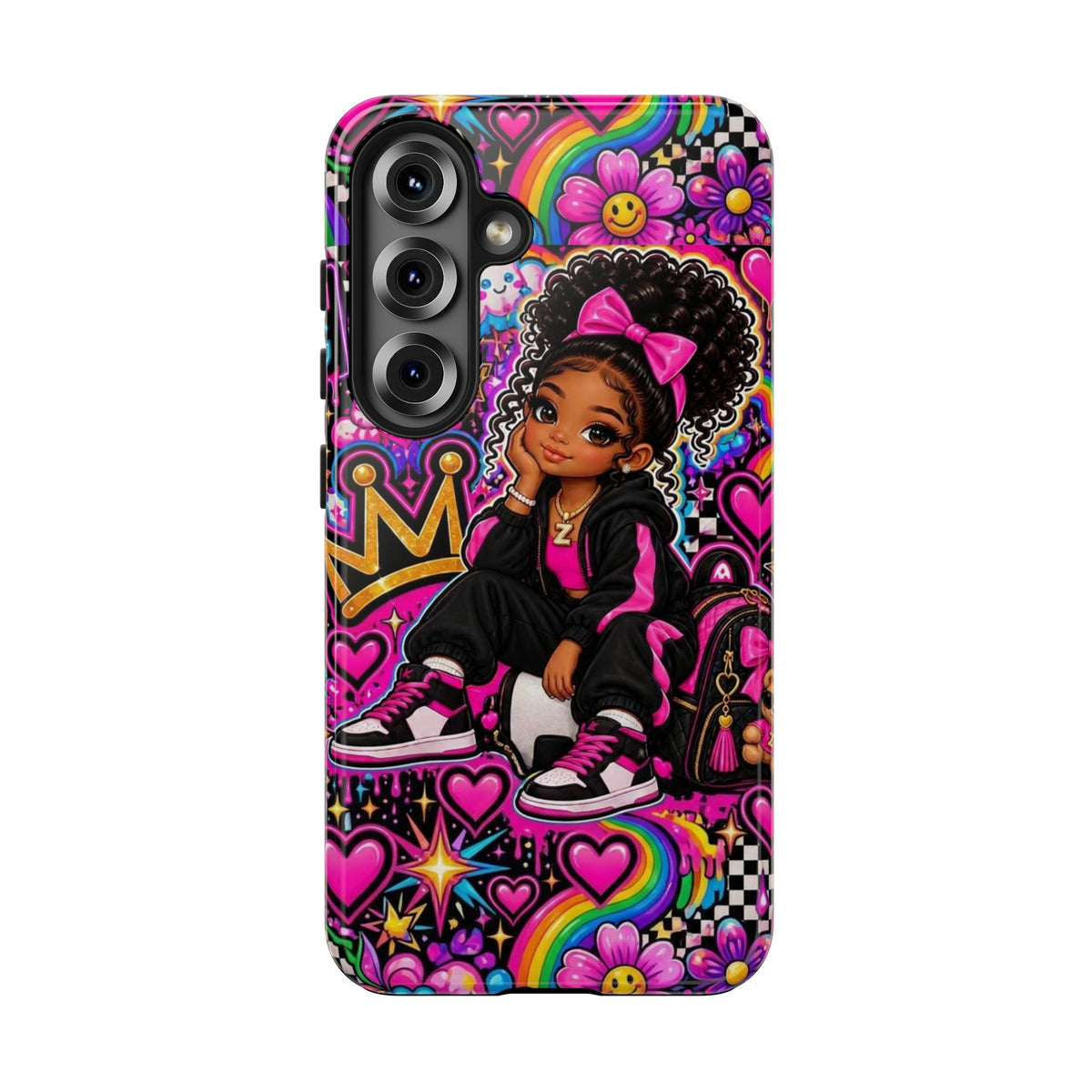 Cute Black Girl Phone Case Pink Crowned Girl, Hearts & Rainbow Tough Case