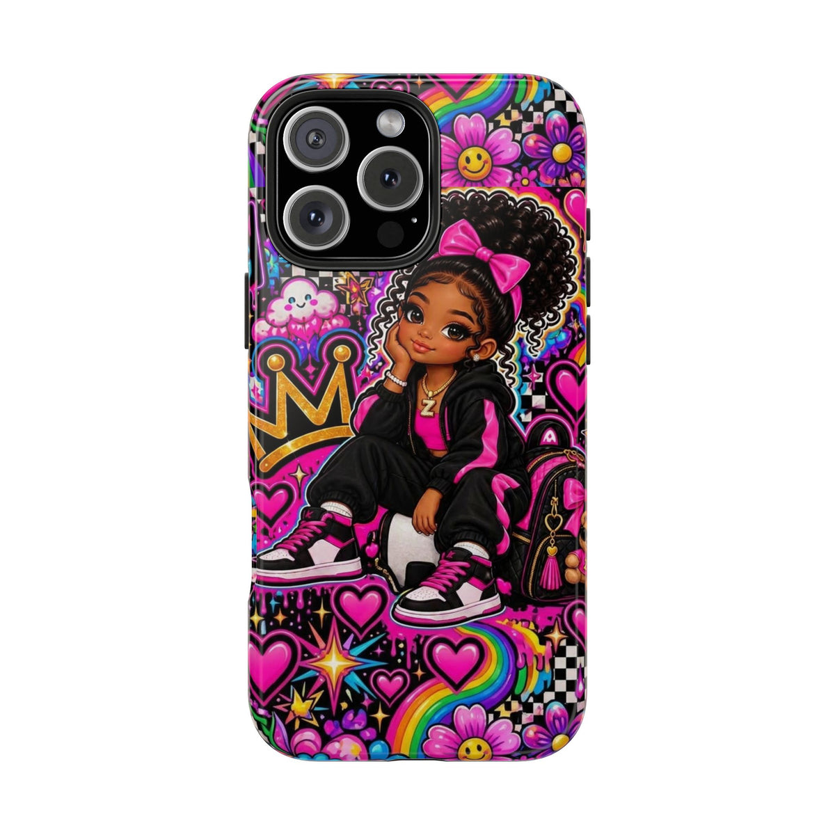 Cute Black Girl Phone Case Pink Crowned Girl, Hearts & Rainbow Tough Case