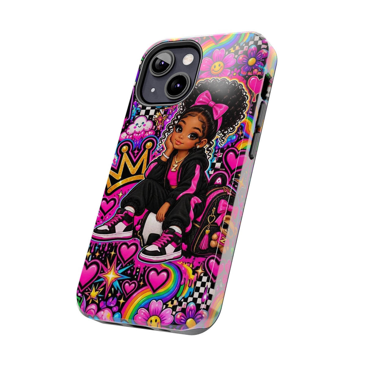 Cute Black Girl Phone Case Pink Crowned Girl, Hearts & Rainbow Tough Case