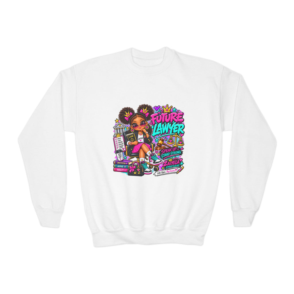 Future Lawyer Youth Crewneck Sweatshirt — Colorful Aspiring Lawyer Graphic