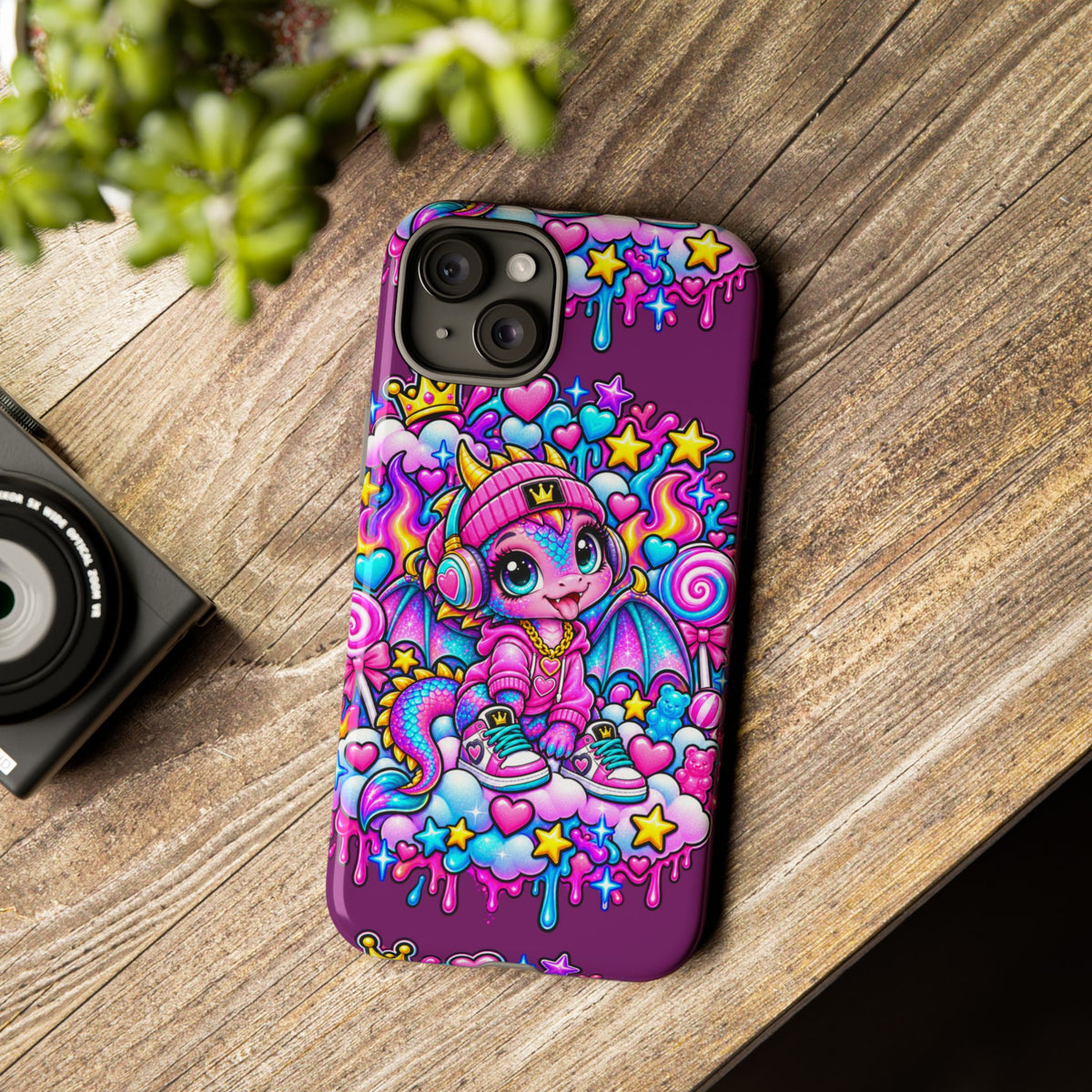 Cute Dragon Phone Case Purple Heart Crown Design