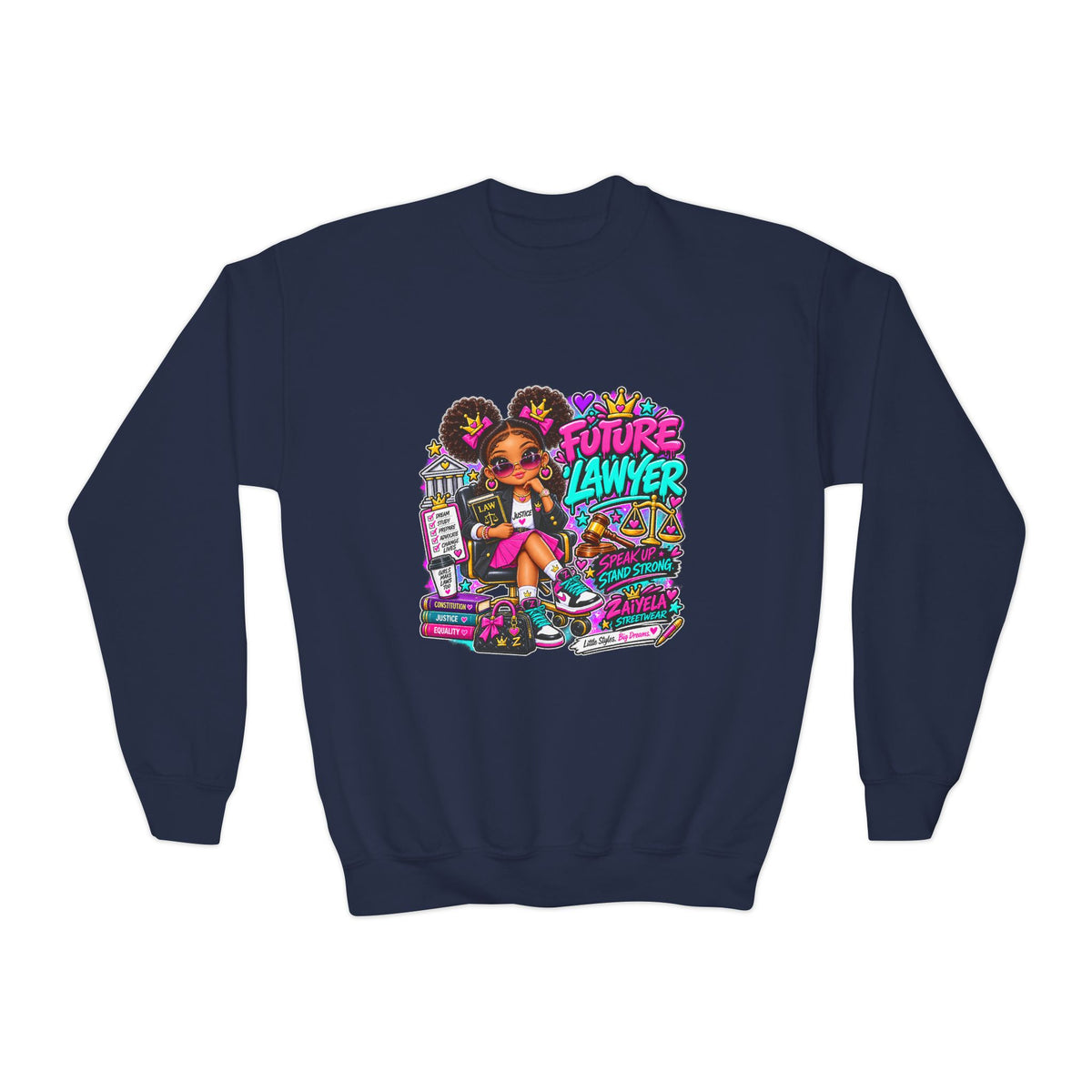 Future Lawyer Youth Crewneck Sweatshirt — Colorful Aspiring Lawyer Graphic