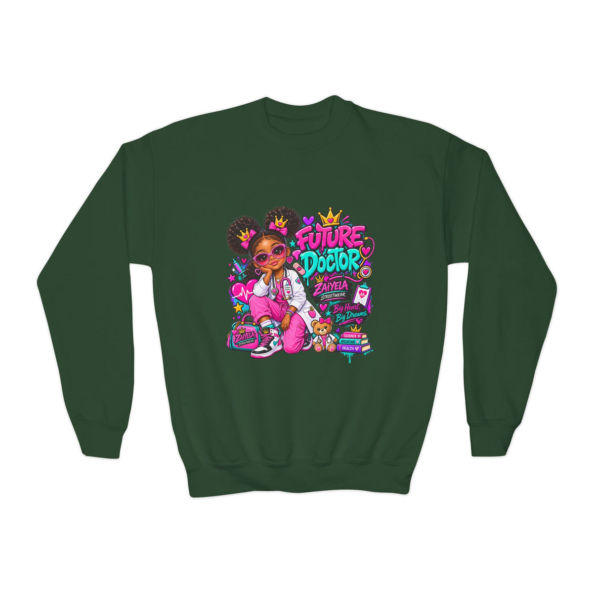 Youth Sweatshirt — "Future Doctor" Pink Graphic Crewneck Big Heart, Big Dreams