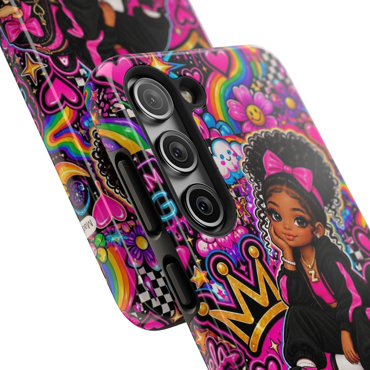 Cute Black Girl Phone Case Pink Crowned Girl, Hearts & Rainbow Tough Case