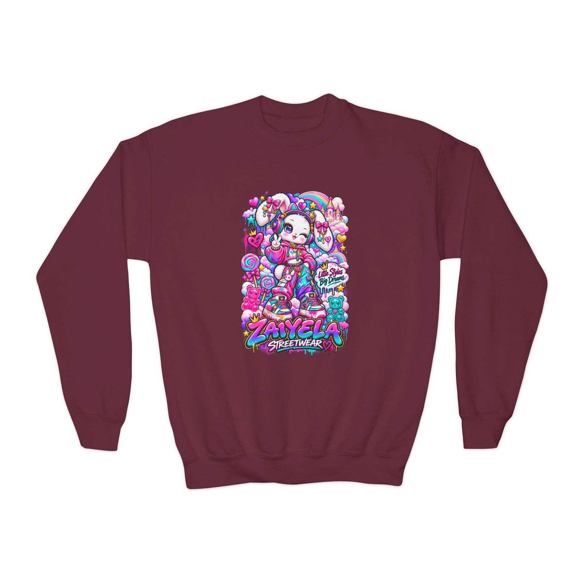 Youth Crewneck Sweatshirt — Colorful Bunny Candy Dream Graphic