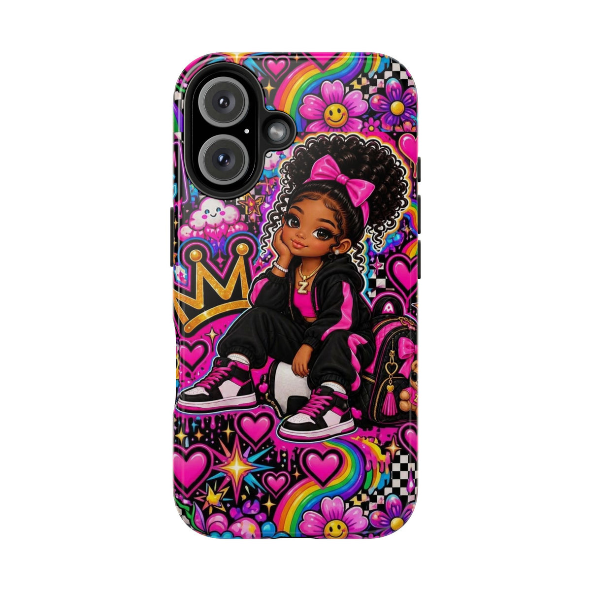 Cute Black Girl Phone Case Pink Crowned Girl, Hearts & Rainbow Tough Case