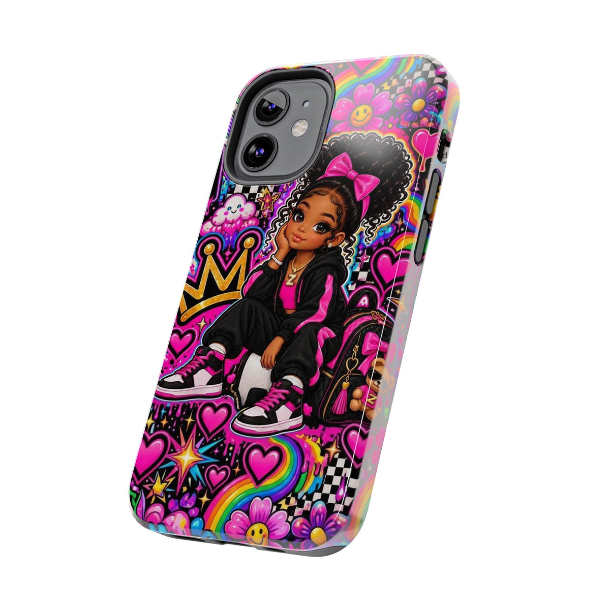 Cute Black Girl Phone Case Pink Crowned Girl, Hearts & Rainbow Tough Case