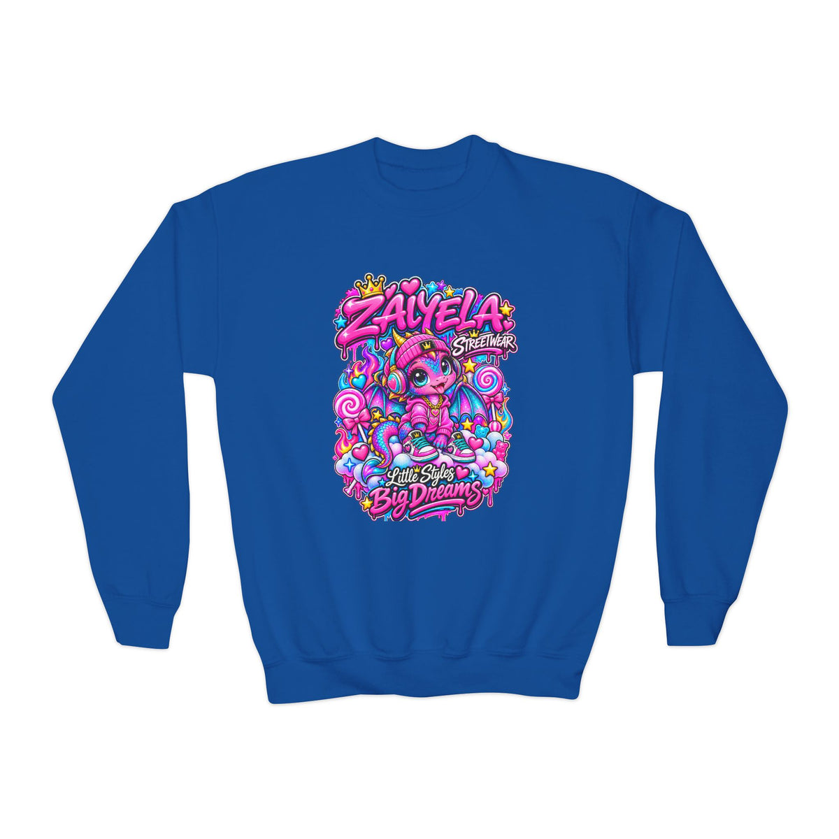 Youth Crewneck Sweatshirt — Colorful Kawaii 'Zalyela' Big Dreams Graphic