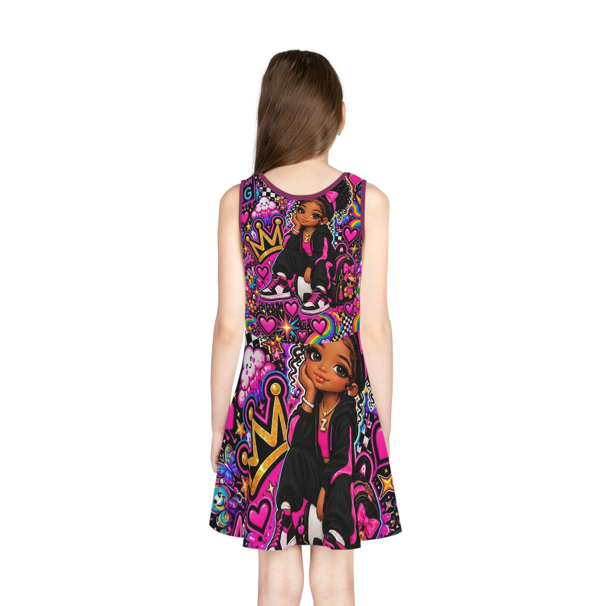 Girls' Personalized Name Sundress — Bright Pink Pop Art "Zaiyeia" All-Over Print