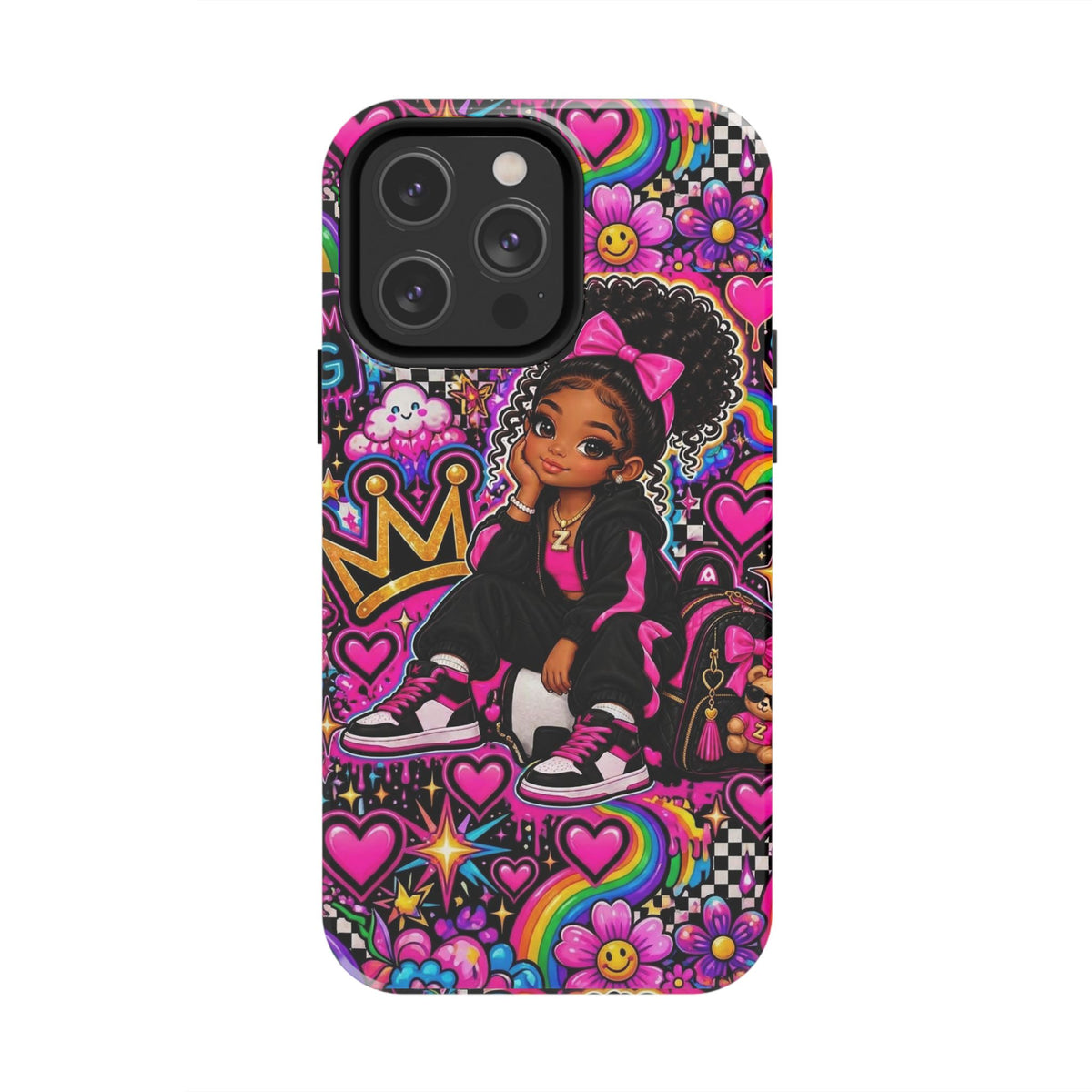 Cute Black Girl Phone Case Pink Crowned Girl, Hearts & Rainbow Tough Case