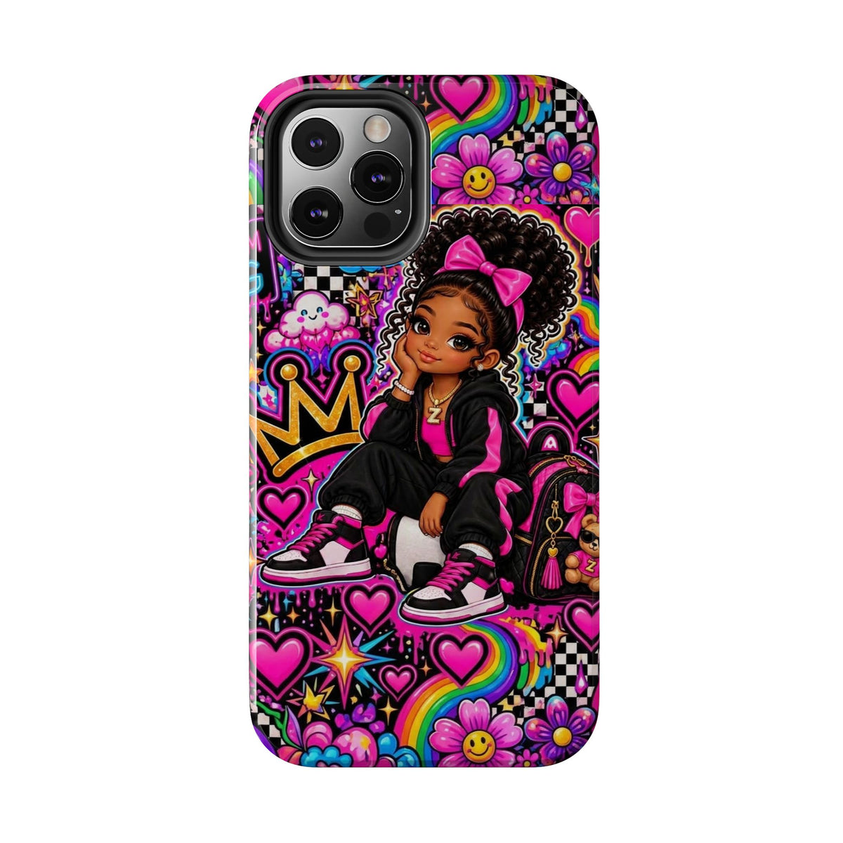 Cute Black Girl Phone Case Pink Crowned Girl, Hearts & Rainbow Tough Case