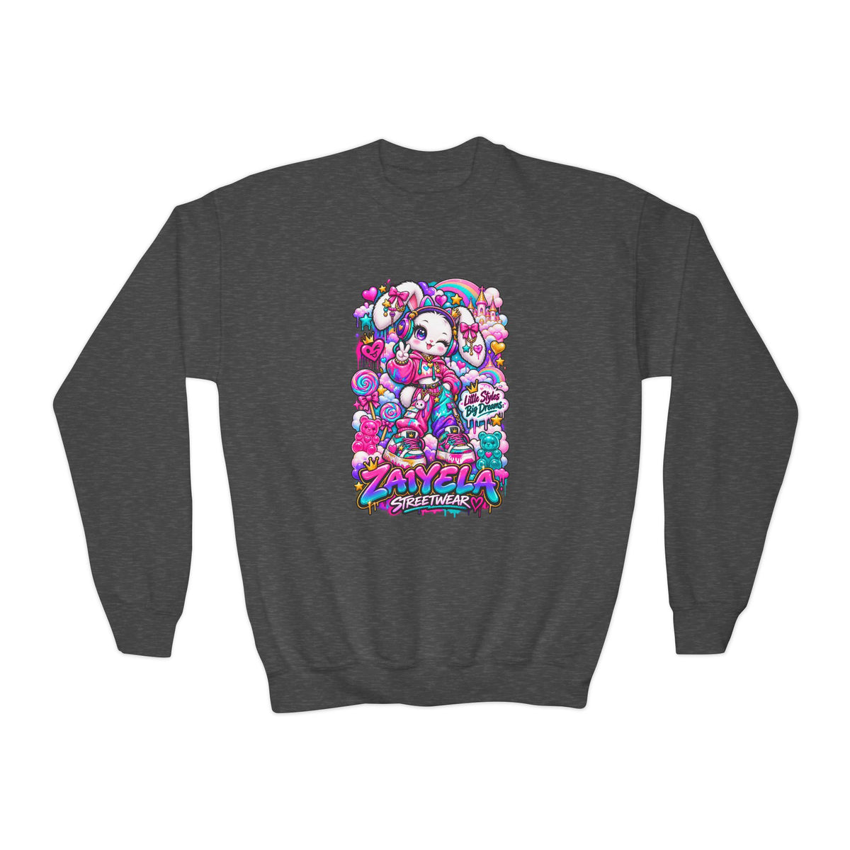 Youth Crewneck Sweatshirt — Colorful Bunny Candy Dream Graphic