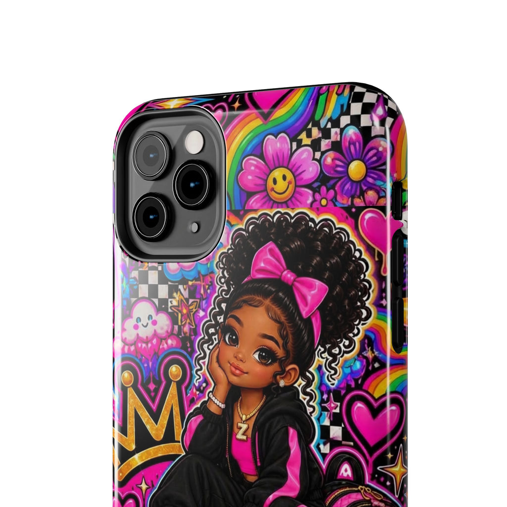 Cute Black Girl Phone Case Pink Crowned Girl, Hearts & Rainbow Tough Case