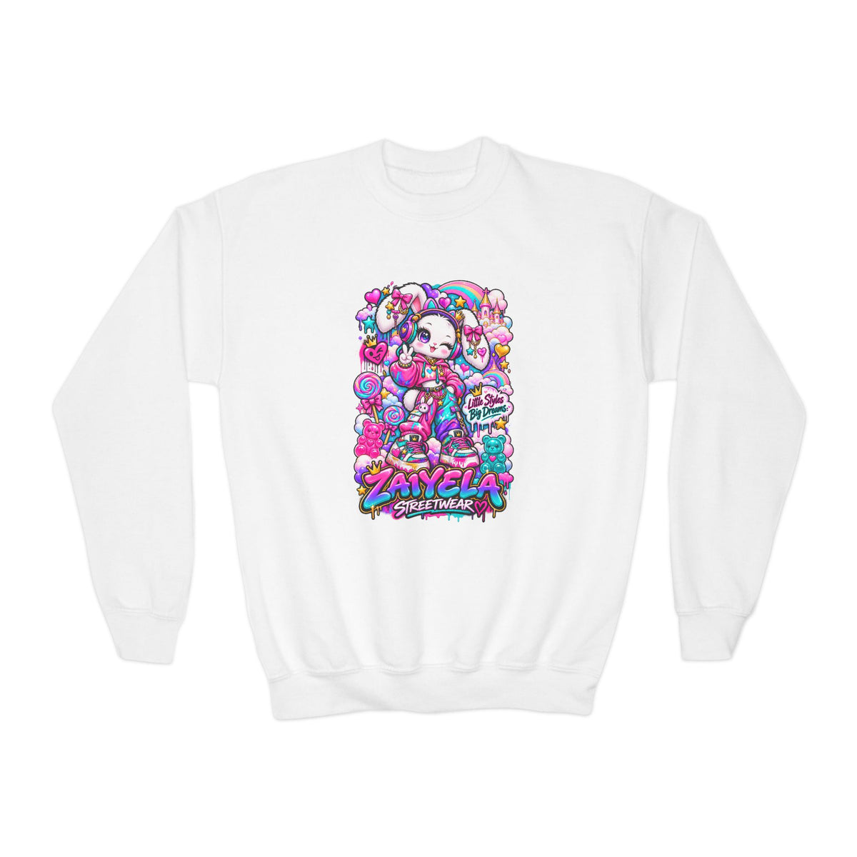 Youth Crewneck Sweatshirt — Colorful Bunny Candy Dream Graphic