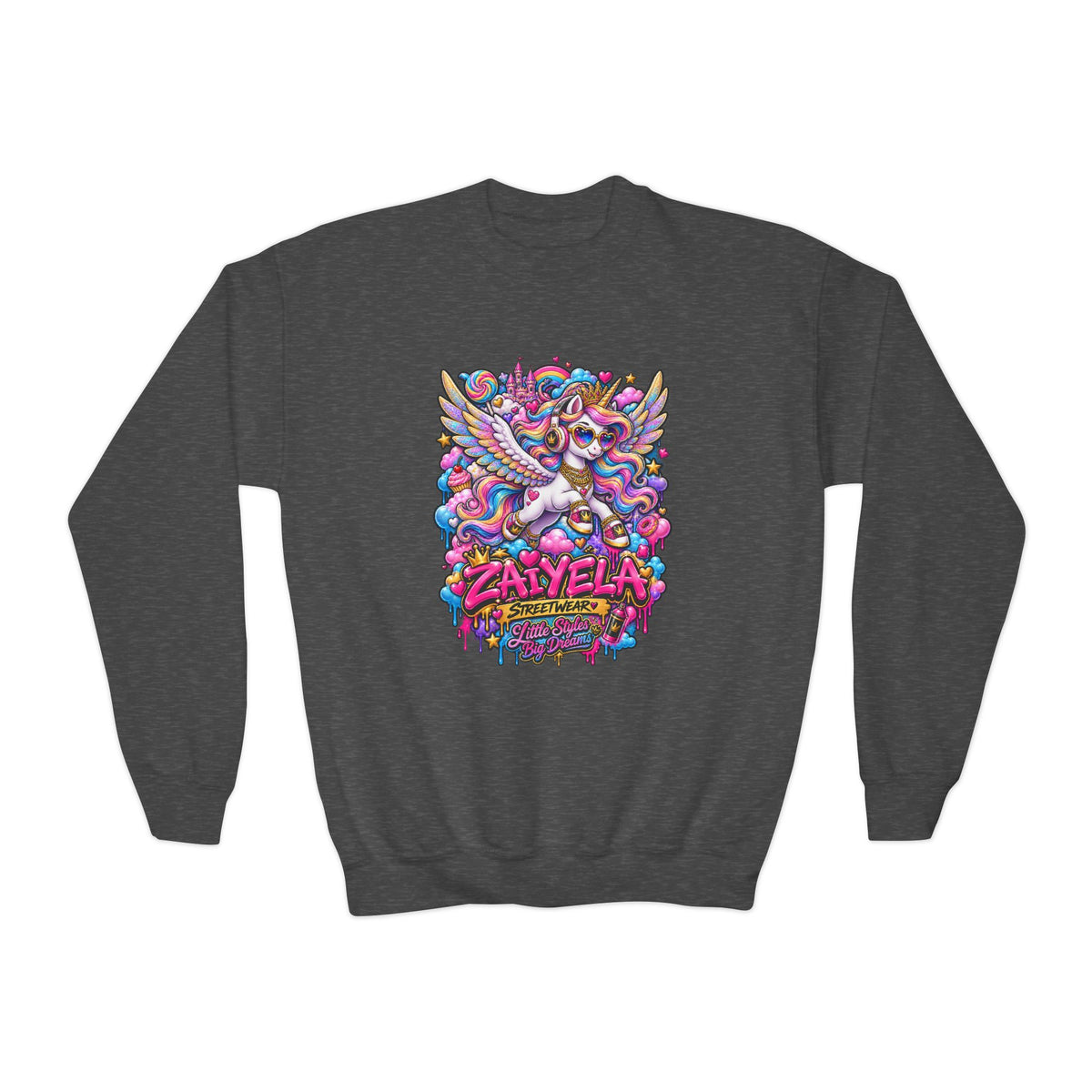 Youth Crewneck Sweatshirt — Colorful Cartoon Pegasus Design