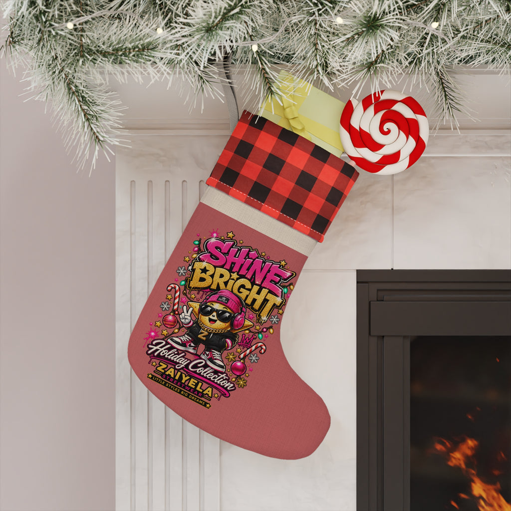 Shine Bright Holiday Christmas Stocking — Red Buffalo Plaid Top
