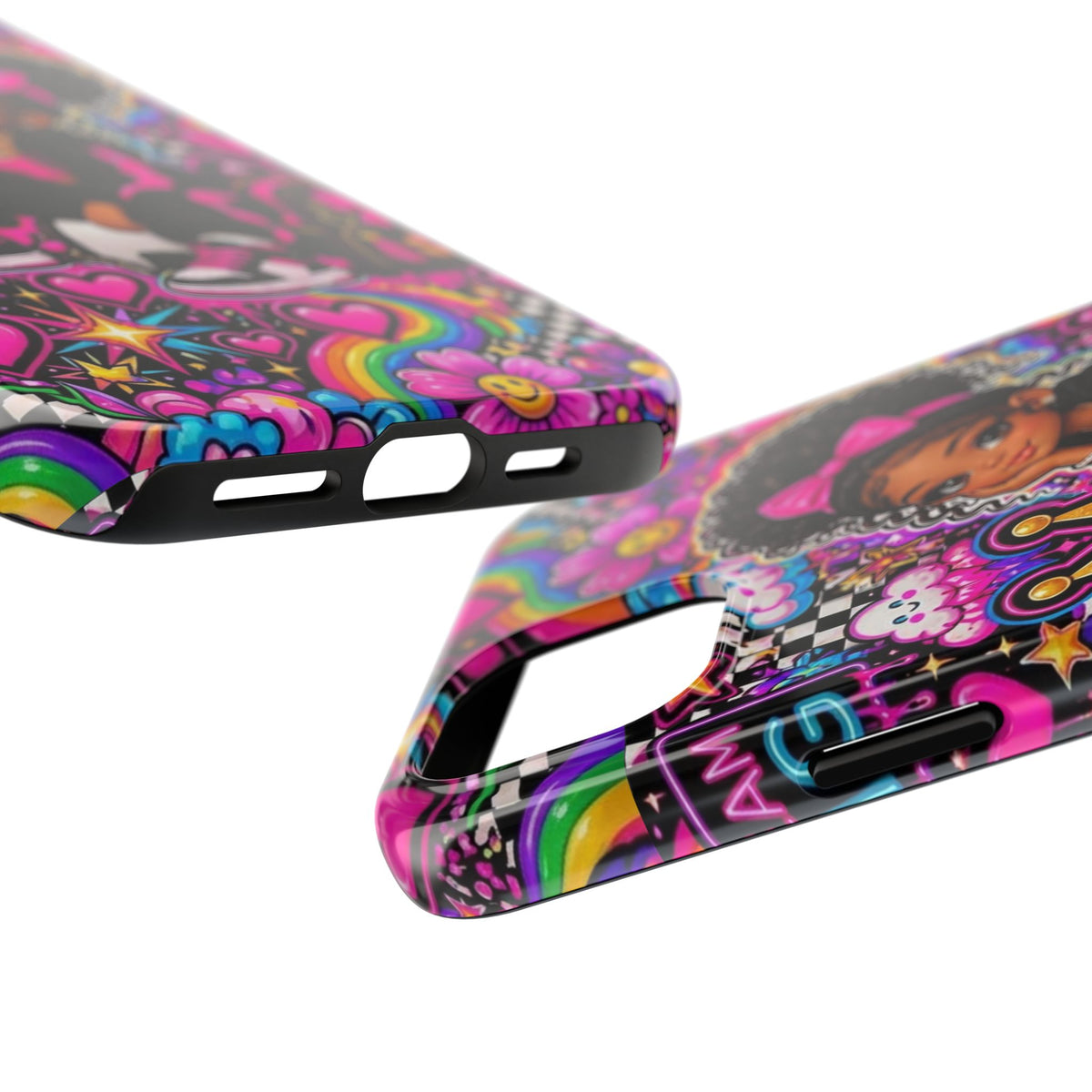 Cute Black Girl Phone Case Pink Crowned Girl, Hearts & Rainbow Tough Case