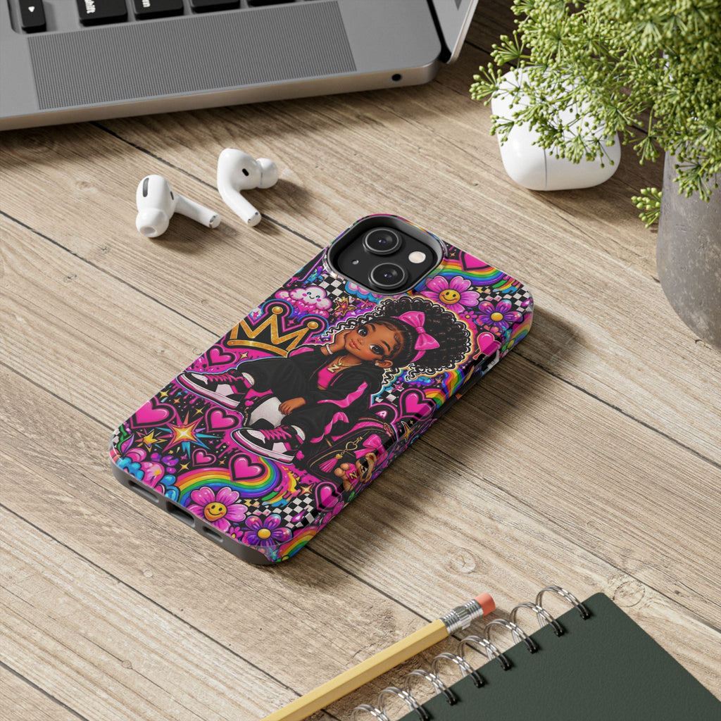 Cute Black Girl Phone Case Pink Crowned Girl, Hearts & Rainbow Tough Case