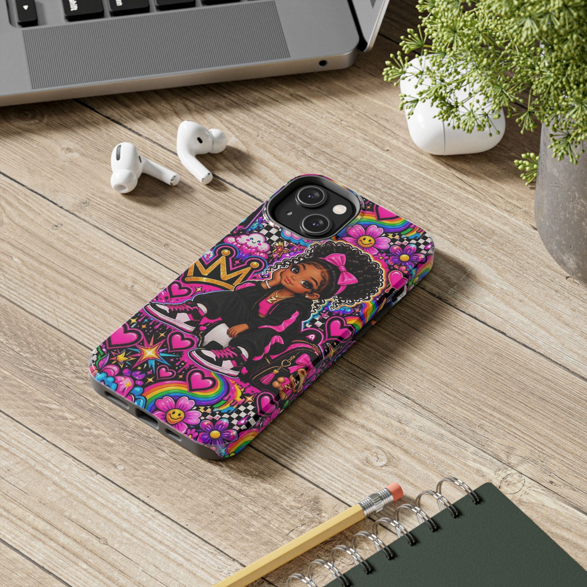 Cute Black Girl Phone Case Pink Crowned Girl, Hearts & Rainbow Tough Case
