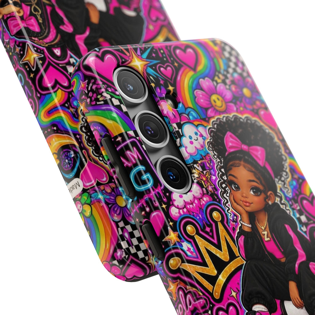 Cute Black Girl Phone Case Pink Crowned Girl, Hearts & Rainbow Tough Case