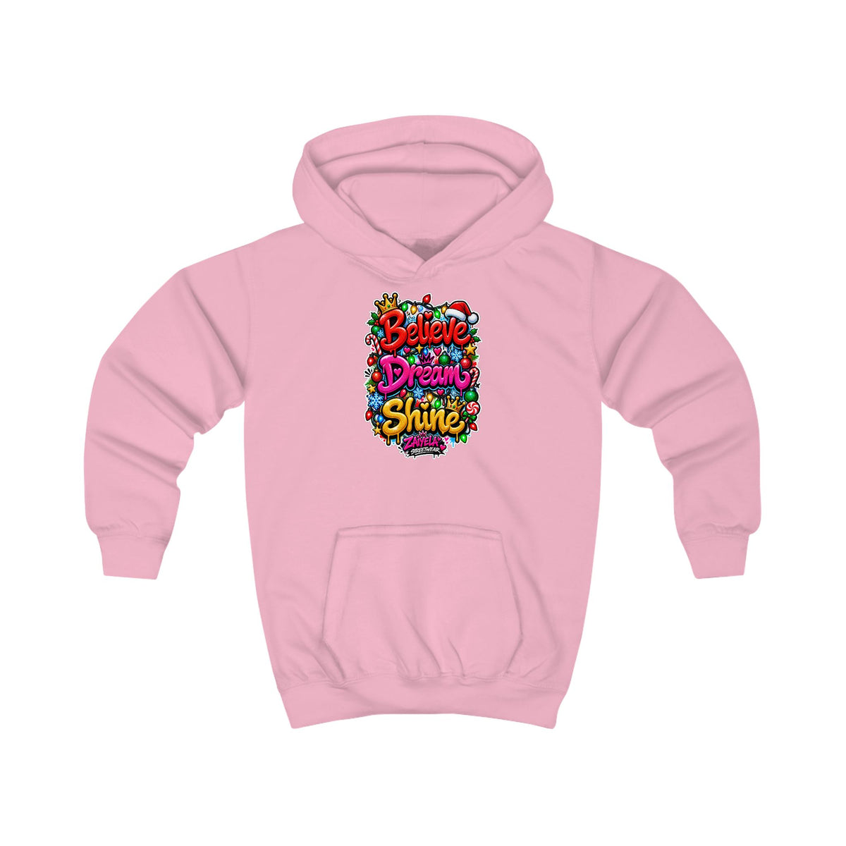 Kids Hoodie  Believe • Dream • Shine Colorful Holiday Graphic Hoodie for Kids