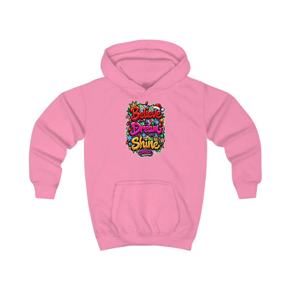 Kids Hoodie  Believe • Dream • Shine Colorful Holiday Graphic Hoodie for Kids