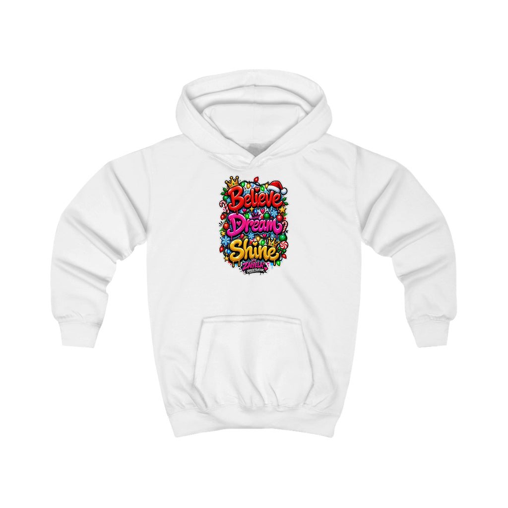 Kids Hoodie  Believe • Dream • Shine Colorful Holiday Graphic Hoodie for Kids