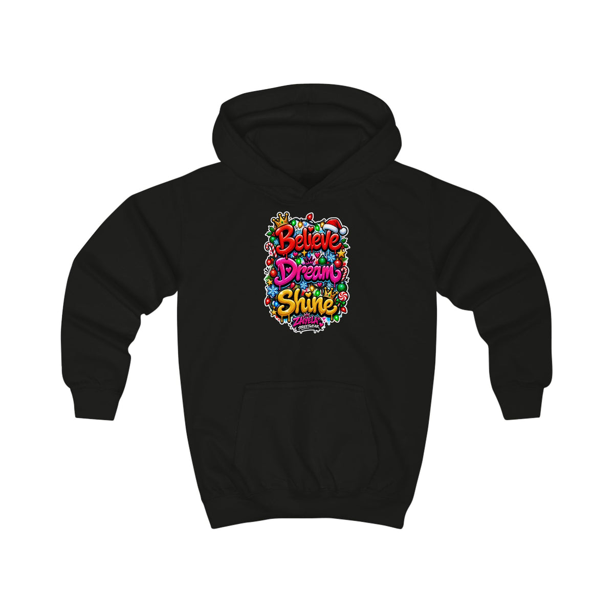 Kids Hoodie  Believe • Dream • Shine Colorful Holiday Graphic Hoodie for Kids