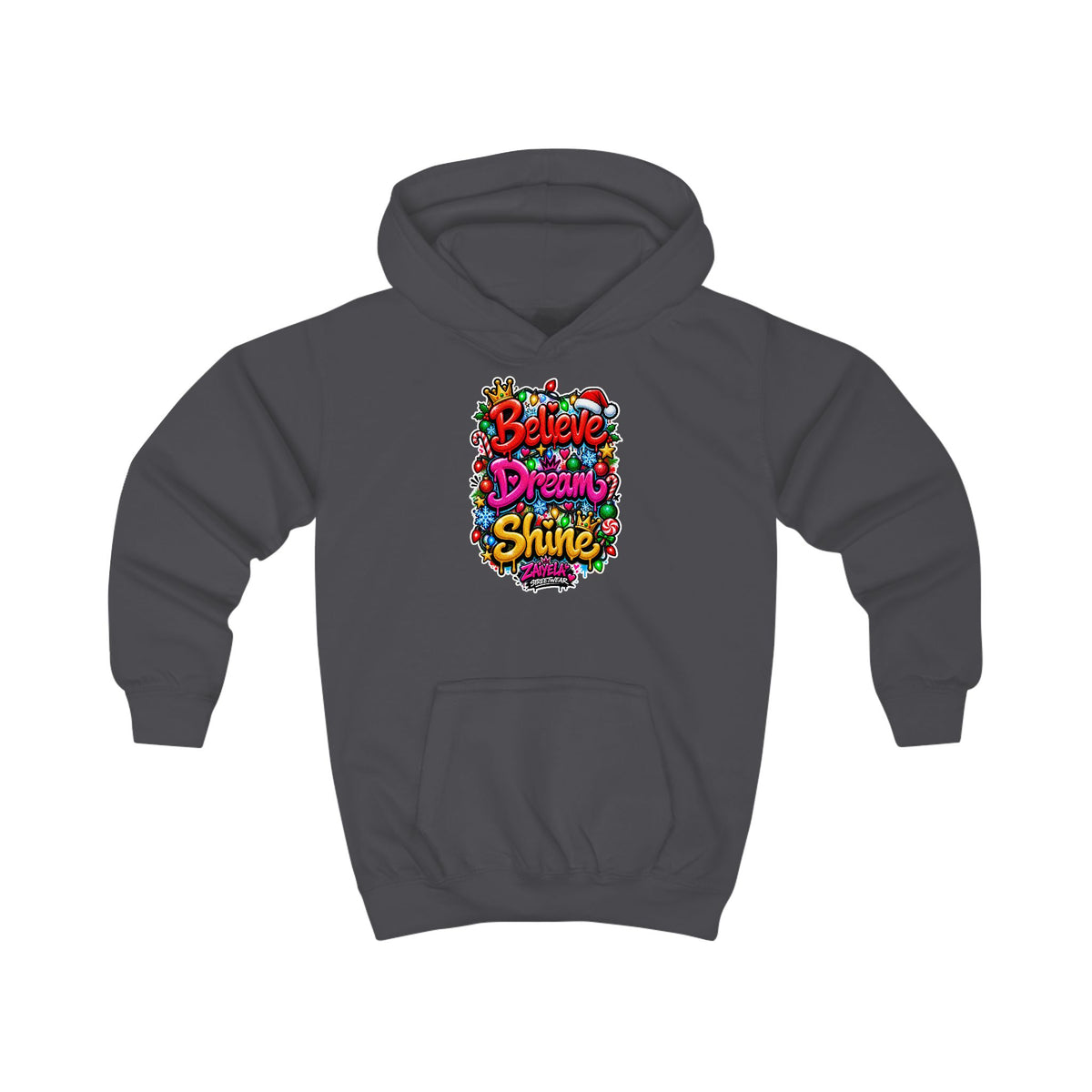 Kids Hoodie  Believe • Dream • Shine Colorful Holiday Graphic Hoodie for Kids