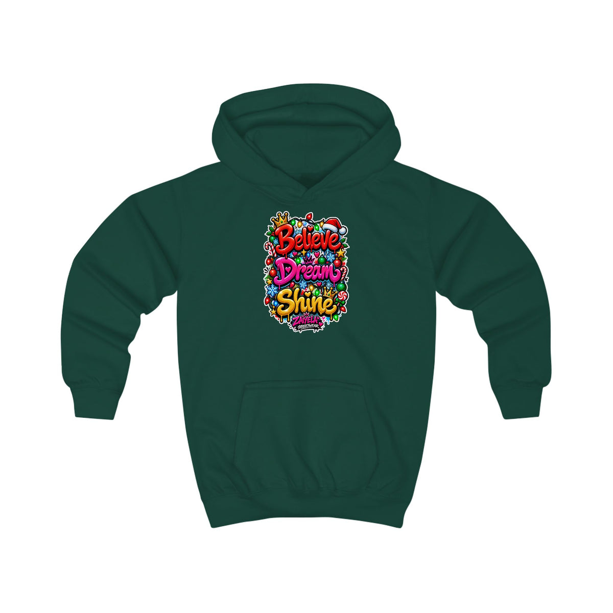 Kids Hoodie  Believe • Dream • Shine Colorful Holiday Graphic Hoodie for Kids