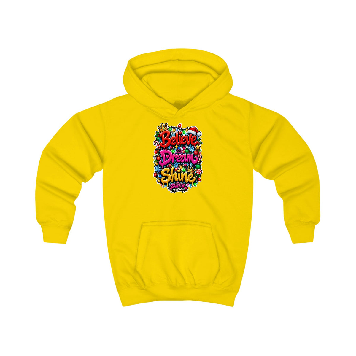 Kids Hoodie  Believe • Dream • Shine Colorful Holiday Graphic Hoodie for Kids