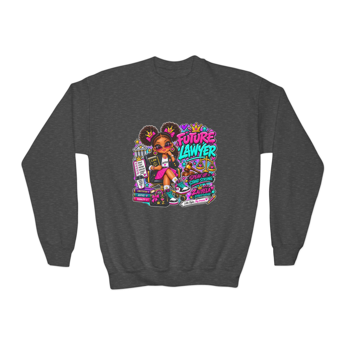 Future Lawyer Youth Crewneck Sweatshirt — Colorful Aspiring Lawyer Graphic