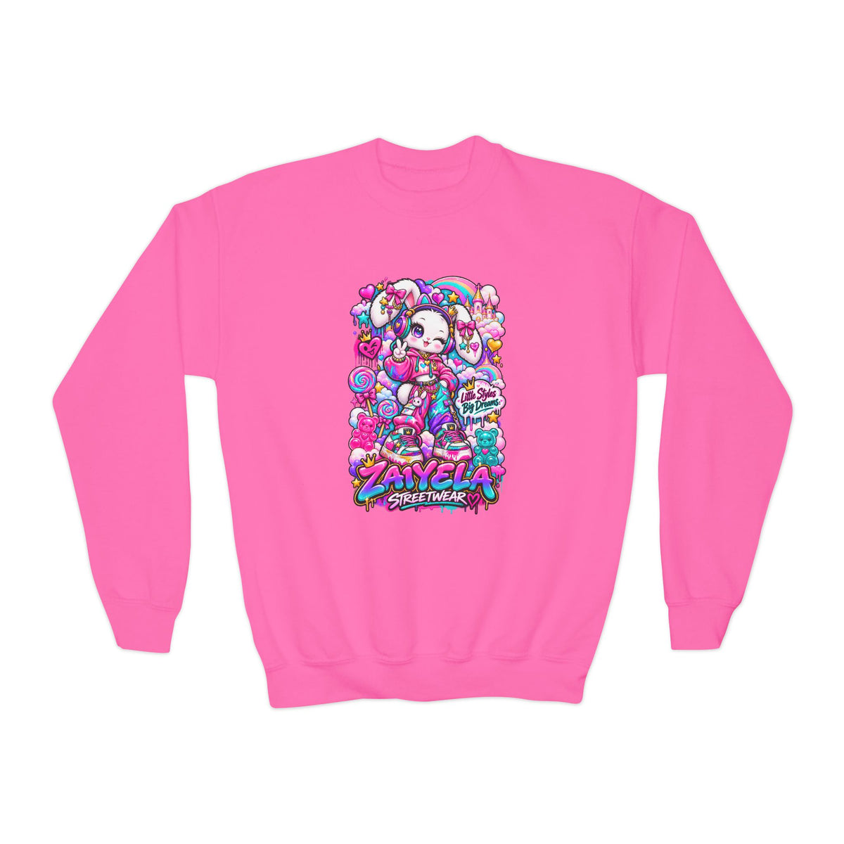 Youth Crewneck Sweatshirt — Colorful Bunny Candy Dream Graphic