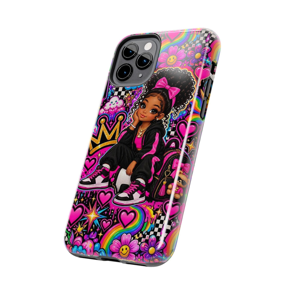 Cute Black Girl Phone Case Pink Crowned Girl, Hearts & Rainbow Tough Case