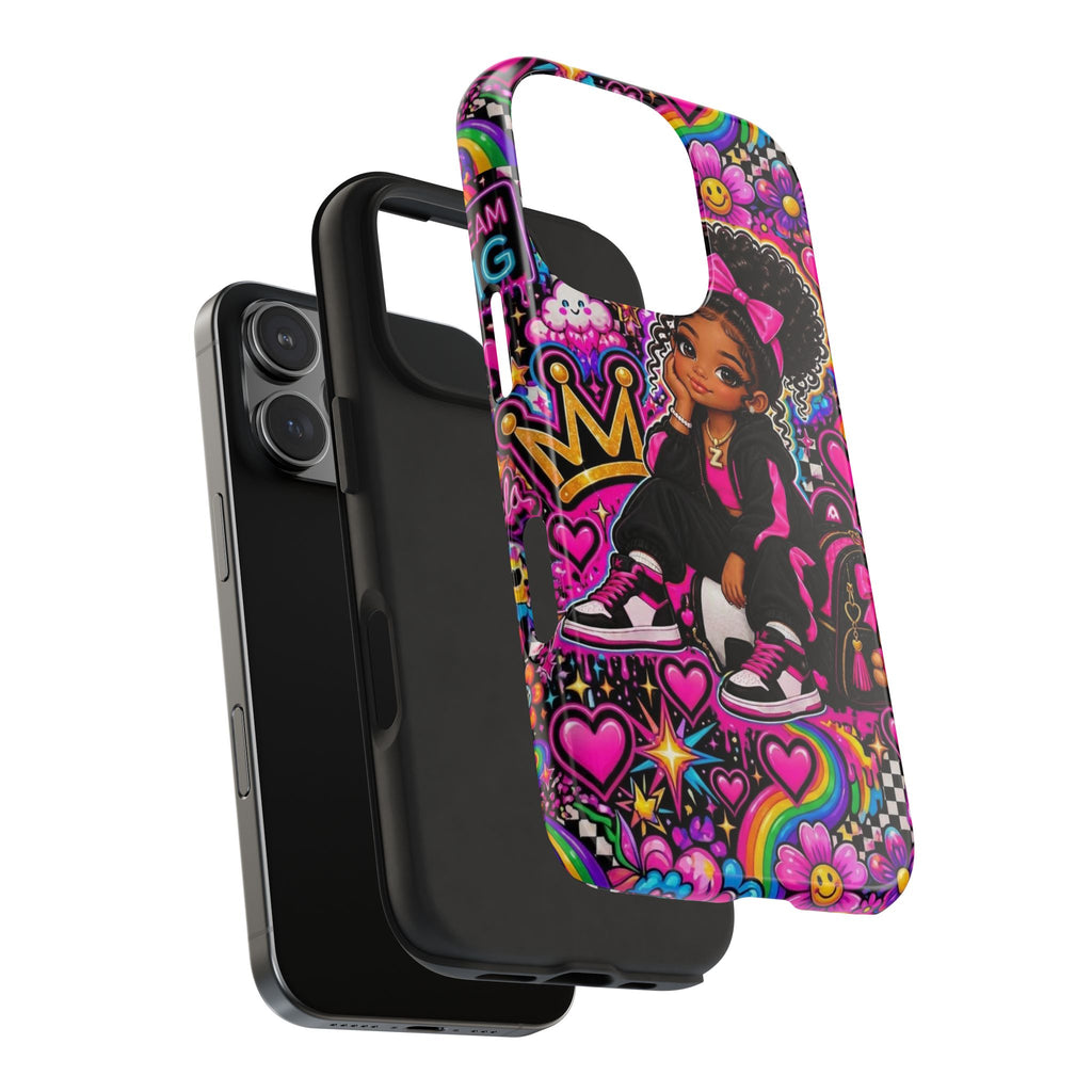 Cute Black Girl Phone Case Pink Crowned Girl, Hearts & Rainbow Tough Case