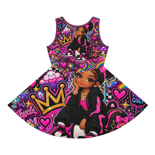 Girls' Personalized Name Sundress — Bright Pink Pop Art "Zaiyeia" All-Over Print