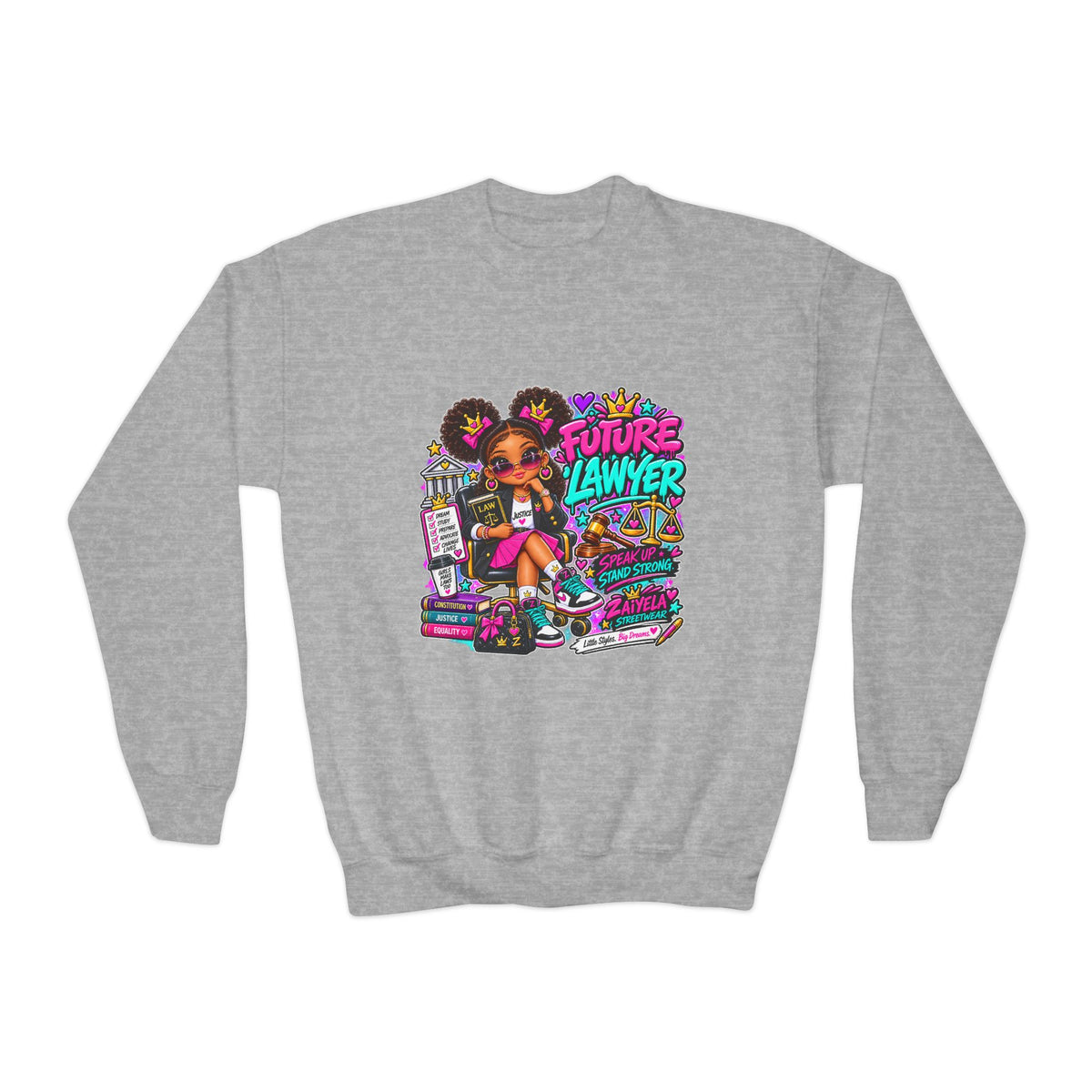 Future Lawyer Youth Crewneck Sweatshirt — Colorful Aspiring Lawyer Graphic