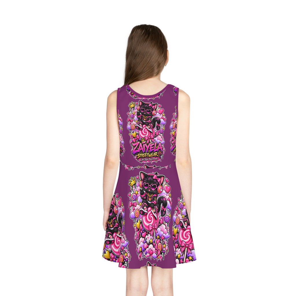 Girls' Purple Cat Candy Print Sundress — 'Zayela Streetwear' All-Over-Print