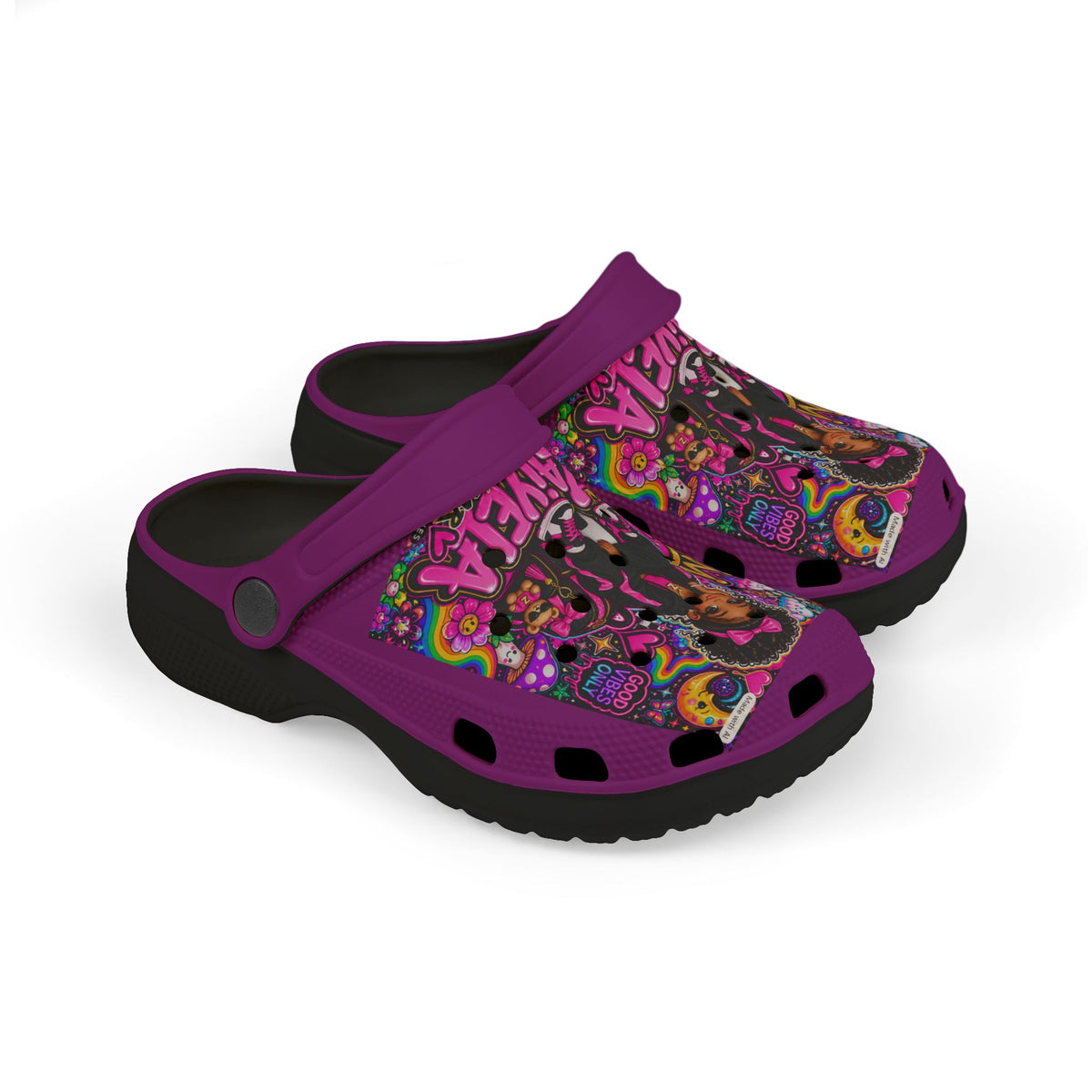 Girls' Purple Princess EVA Foam Clogs — Cute Cartoon Hearts & Crown All-Over Print