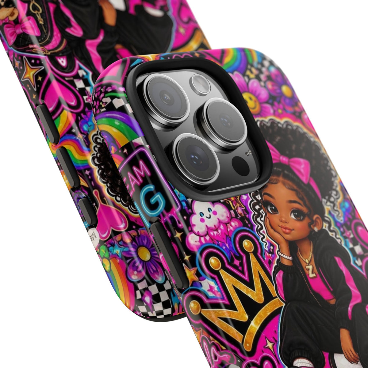 Cute Black Girl Phone Case Pink Crowned Girl, Hearts & Rainbow Tough Case