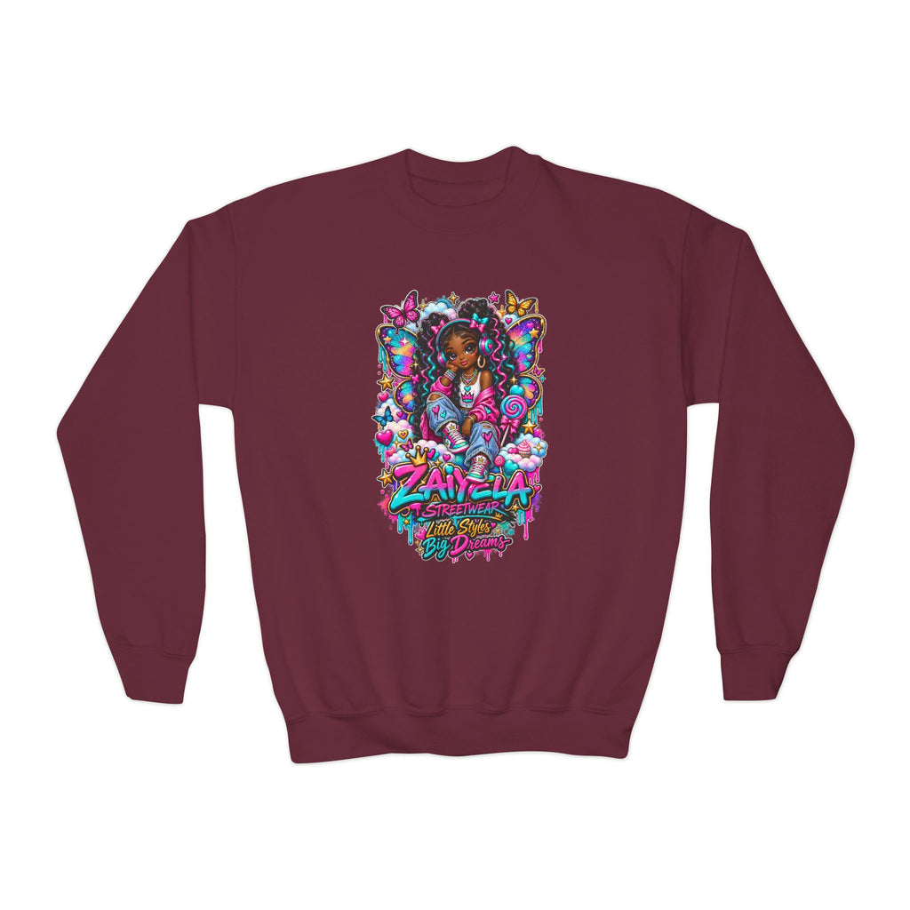 Youth Crewneck Sweatshirt — Colorful Butterfly Girl Graphic Sweatshirt for Kids