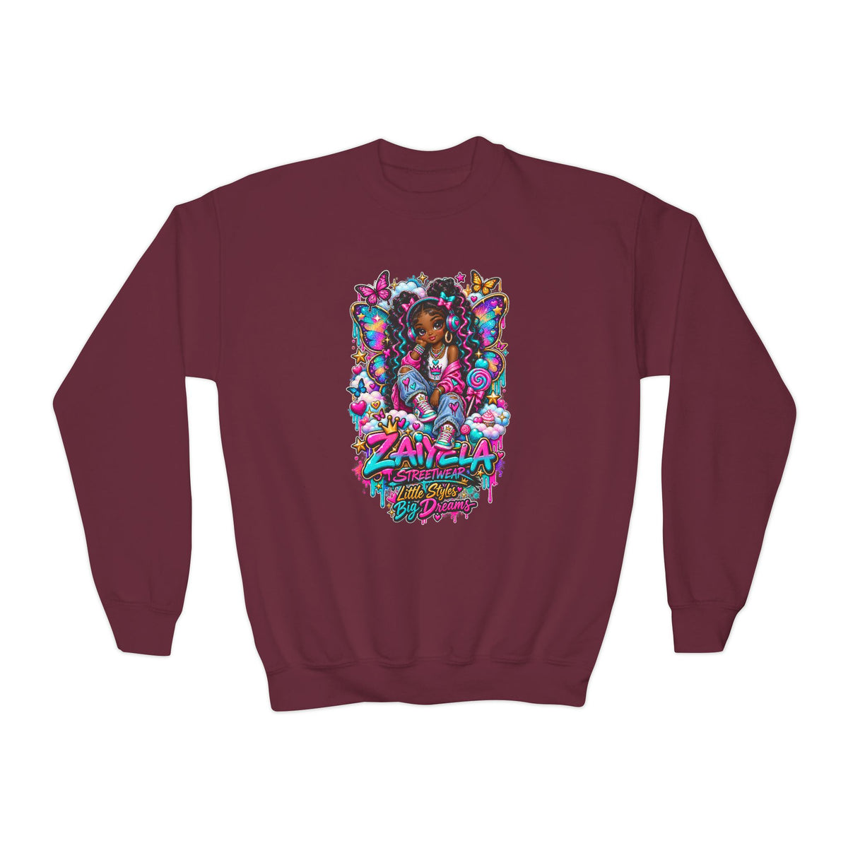 Youth Crewneck Sweatshirt — Colorful Butterfly Girl Graphic Sweatshirt for Kids