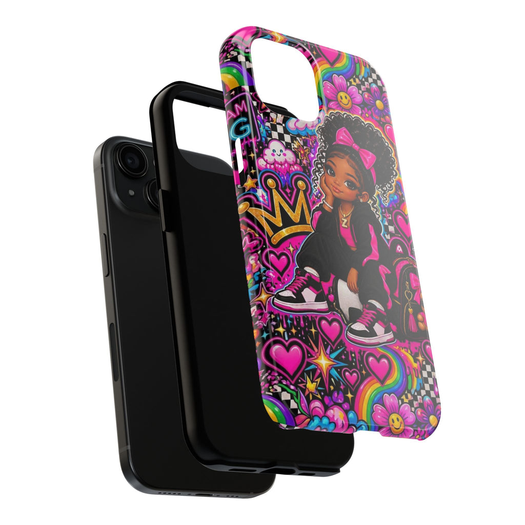 Cute Black Girl Phone Case Pink Crowned Girl, Hearts & Rainbow Tough Case