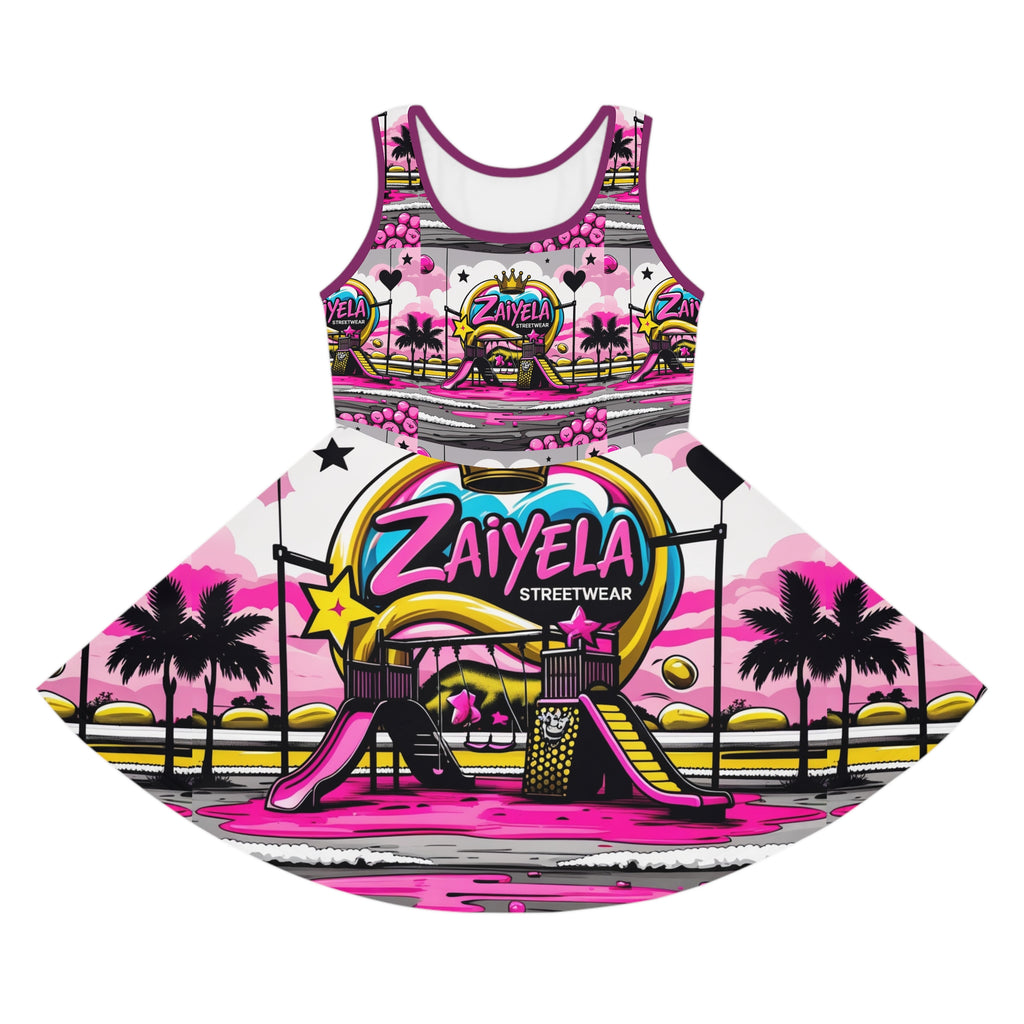 Girls' Pink Beach Playground Sundress — 'Zaiyela Streetwear' All-Over Print
