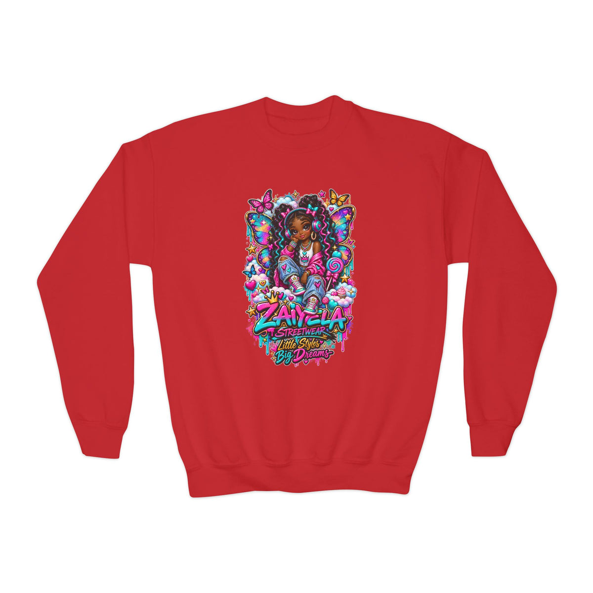 Youth Crewneck Sweatshirt — Colorful Butterfly Girl Graphic Sweatshirt for Kids