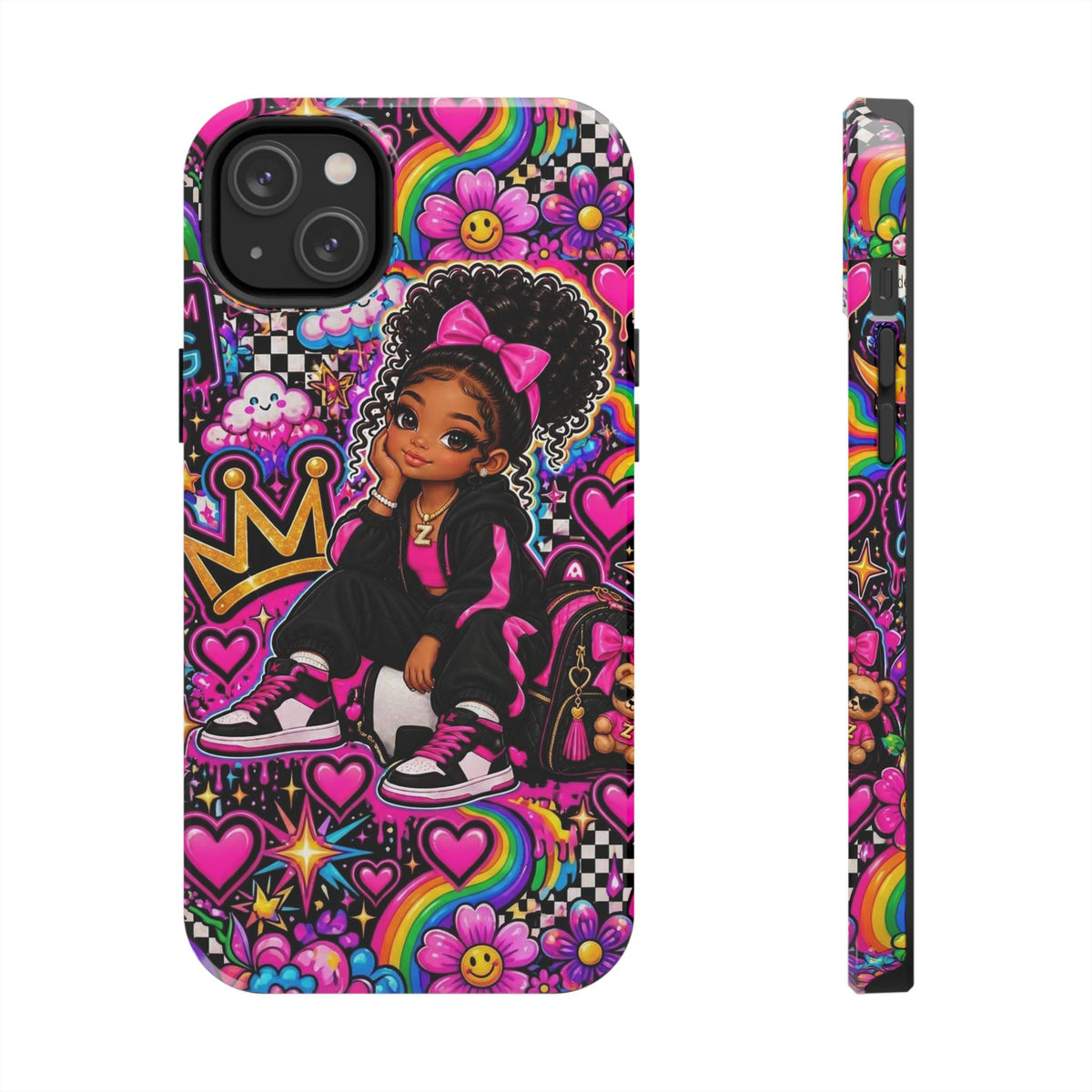 Cute Black Girl Phone Case Pink Crowned Girl, Hearts & Rainbow Tough Case